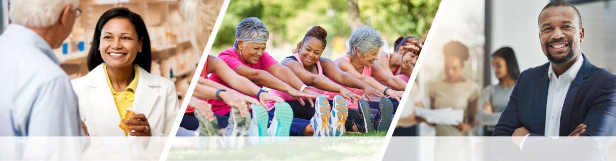 background image of a pharmacist, healthy women exercising outdoors, and a man in a suite