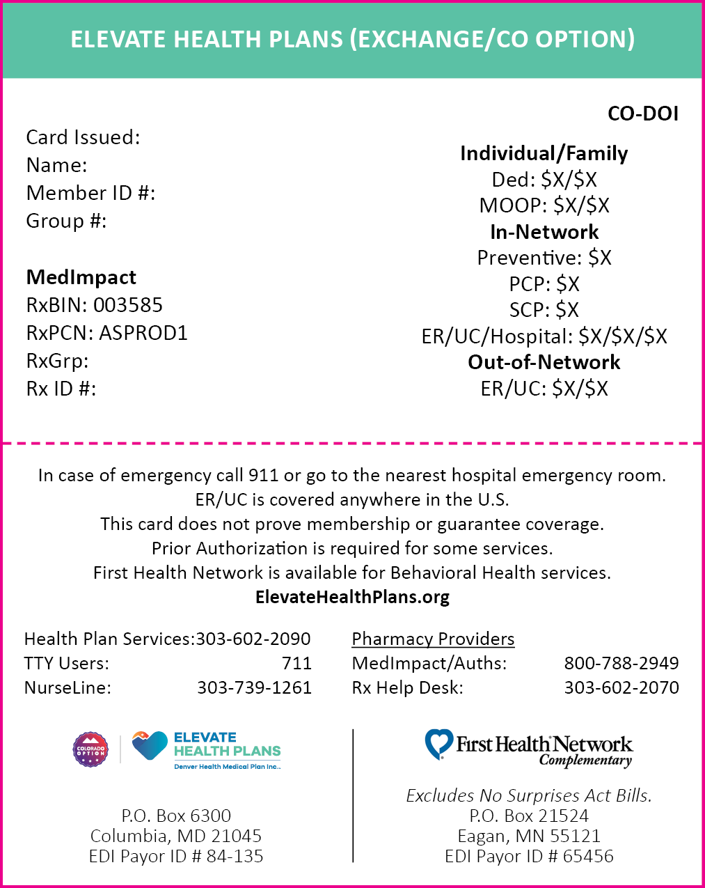 Elevate Health Plans ID Card