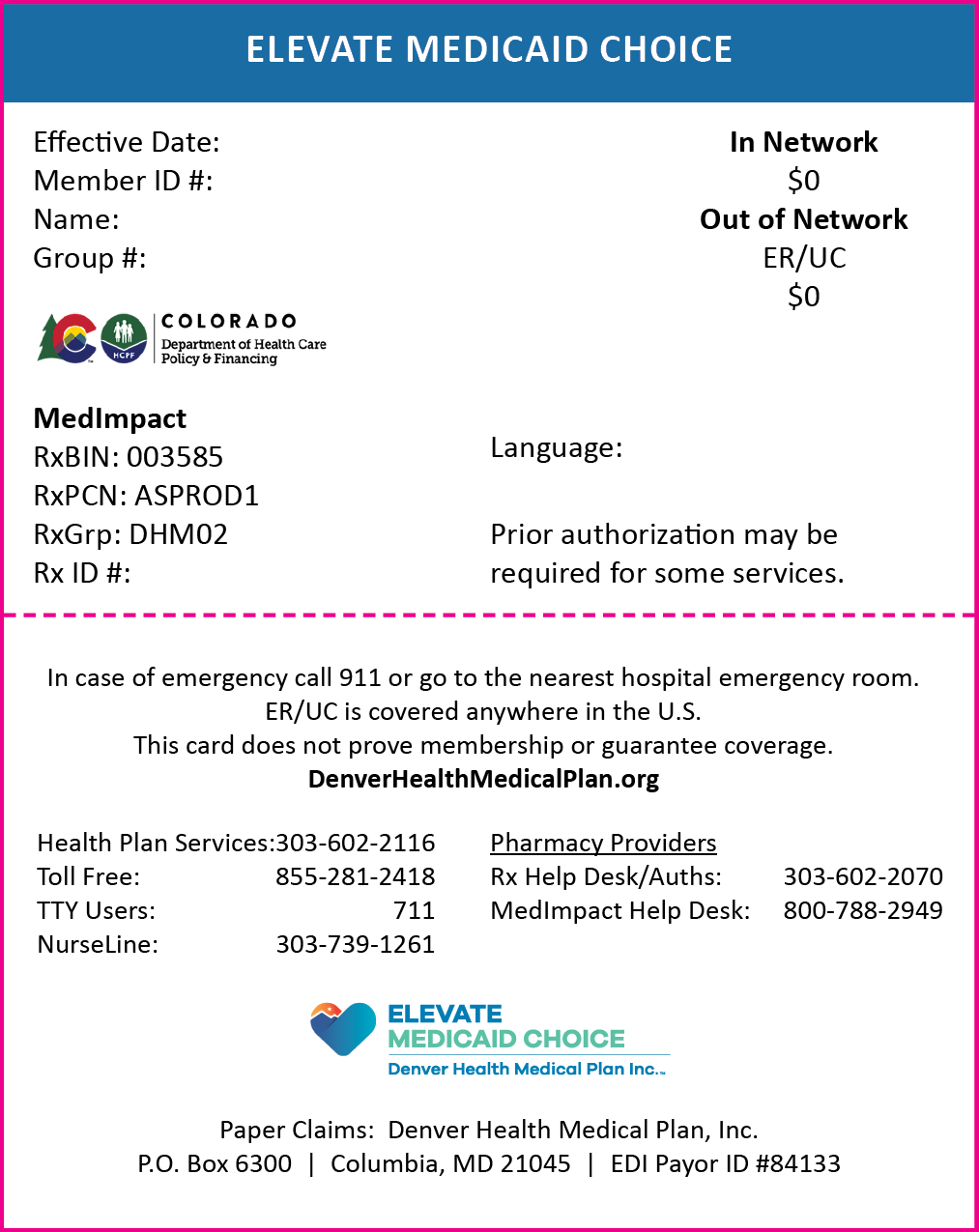 Example of Medicaid Member ID Card