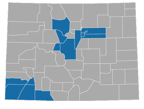 Map of counties includes: Adams Arapahoe Denver Jefferson Park Grand Summit Lake Dolores  San Juan Montezuma La Plata Archuleta.