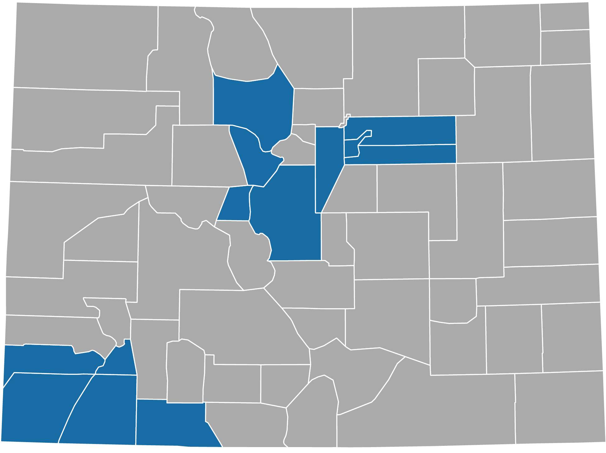 Map of counties includes: Adams Arapahoe Denver Jefferson Park Grand Summit Lake Dolores  San Juan Montezuma La Plata Archuleta.