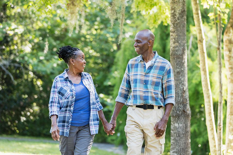 Elderly couple walking